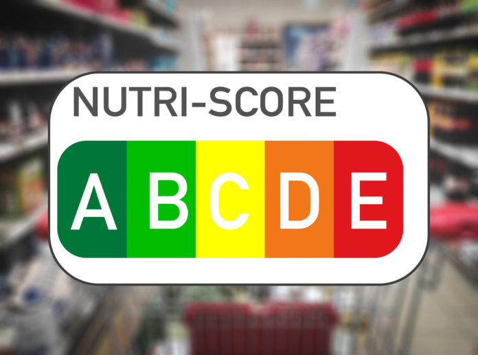 Nutri Score food labeling and food traffic light logo in a grocery store NUTRI-SCORE