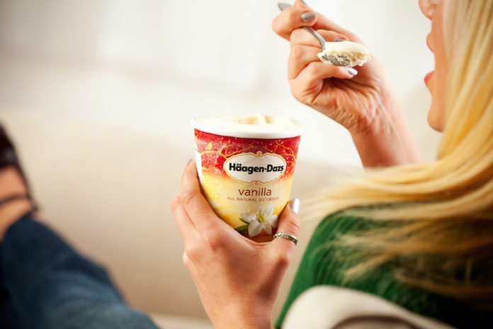 Woman Eating Pint Of Haagen-Dazs Vanilla Ice Cream Haagen Dazs