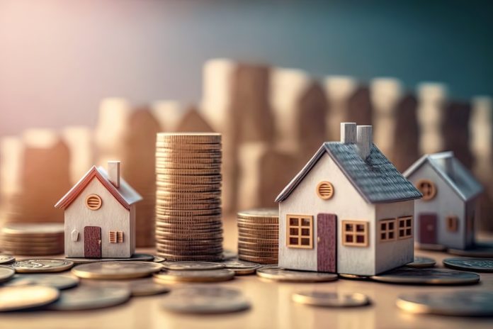 many houses with a lot of coin stack, idea for property investment, income , tax, and passive income, Generative Ai VALORE DI MERCATO CASA