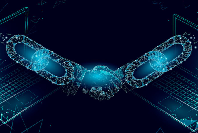 Blockchain technology 3D handshake. Business finance agreement contract concept. Success web network low poly banner template. Polygonal international internet connection laptop vector illustration smart contract