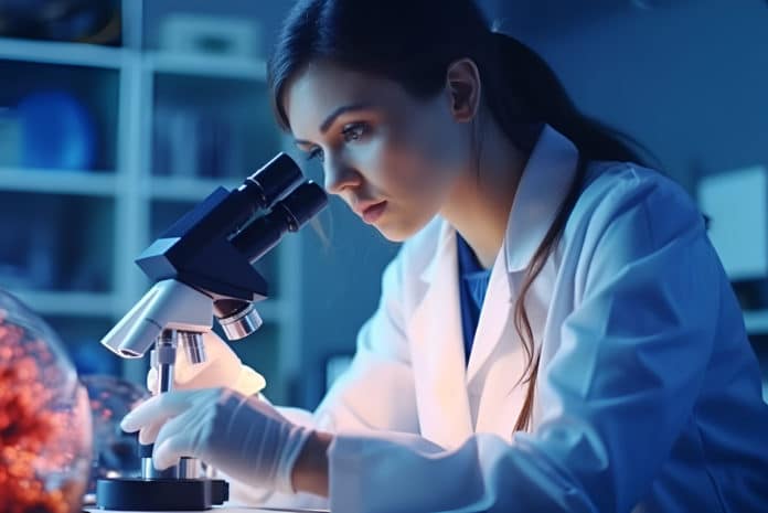 Important research. Serious experienced scientist working with her microscope and wearing a uniform for food advertising and background Generative AI mosh moah