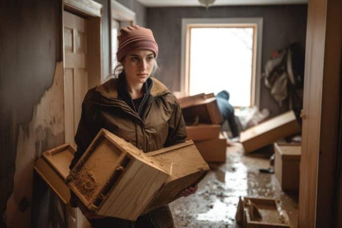 shot of a young woman carrying boxes while cleaning out her flood damaged home DANNI DA ALLUVIONI