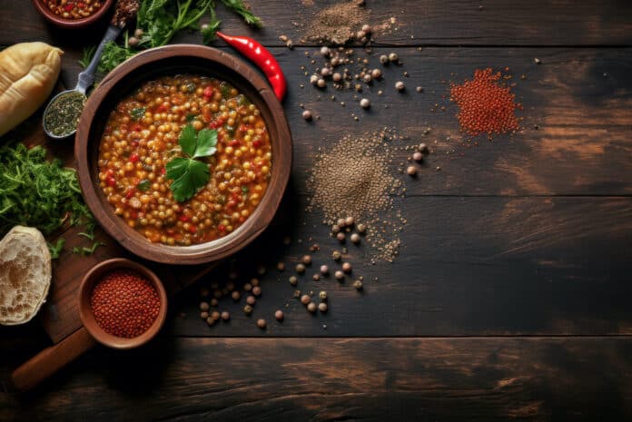 The traditional soup of Turkish cuisine is lentil soup, a thick, aromatic and spicy dish with red pepper and a slice of lemon to add to the soup. Turkish cuisine dish Chorba, flat lay with copy space ZUPPE PRONTE