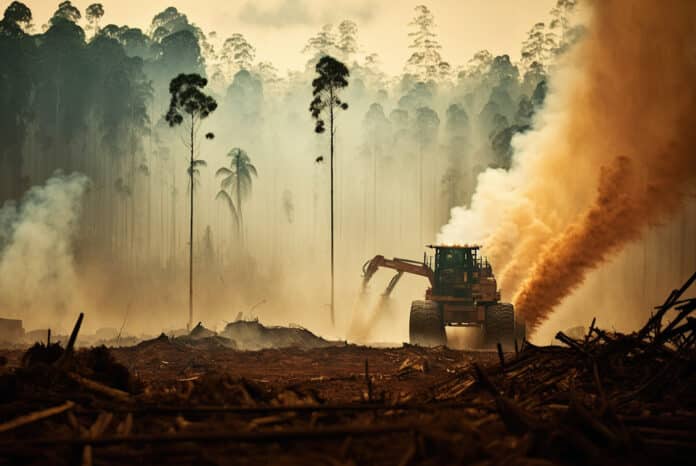 destruction of our forests with heavy machinery felling trees, highlighting the urgent need for forest conservation efforts. space for text CHACO DEFORESTAZIONE
