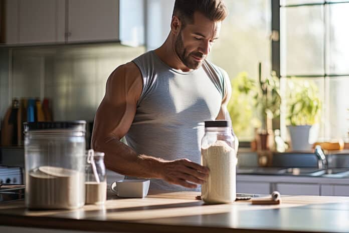 Muscular man with a jar of protein or gainer powder at home in the kitchen. Concept of sports nutrition and recovery after training in the gym. PALEOLITICA IPER PROTEICO