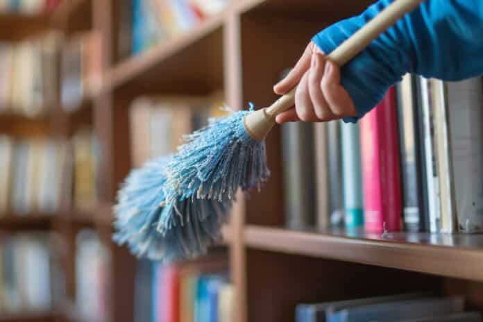 A hand with a duster cleaning a bookshelf, with focus on the duster and the clean lines of the shelf POLVERE