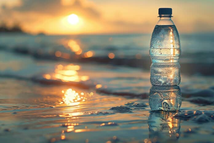 A water bottle gleams under the gentle sun, beckoning refreshment. BOTTIGLIE PLASTICA