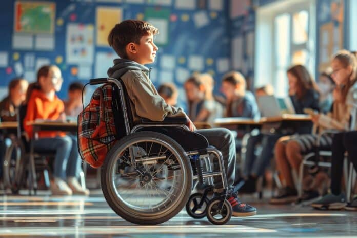 disabilità A happy handicapped child in a wheelchair in a school classroom among healthy children. An inclusive form of education disabilità