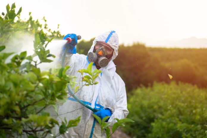 pesticidi Farmer in protective clothes spray pesticides. Farm worker spray pesticide insecticide on fruit lemon trees. Ecological insecticides. pesticidi