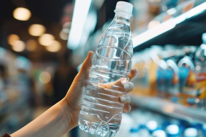 minerali female hand holding a bottle of water or mineral water in grocery store. minerali minerale