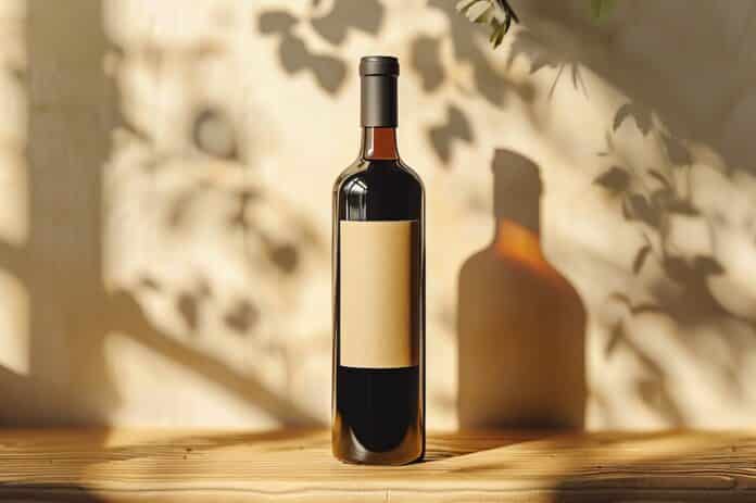 vini Single bottle of red wine with blank label on wooden surface, sunlight with shadows from leaves. vini vino