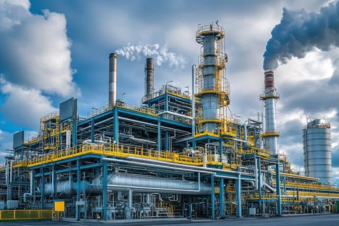 pfas ndustrial plant emissions under a cloudy sky, representing the environmental impact of chemical production. pfas
