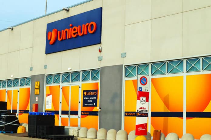 unieuro Italy – March 27, 2022: UNIEURO Store. Unieuro is an Italian chain of stores specializing in consumer electronics and appliances unieuro