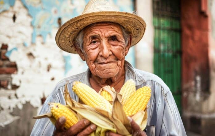 A Mexican street vendor with corn. An elderly man is selling corn cobs on the street. A Mexican farmer sells corn. GLIFOSATO OGM