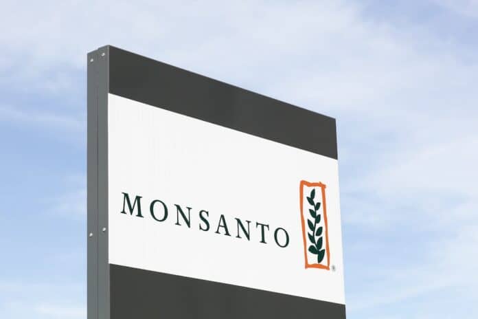 Saint Priest, France - October 7, 2017: Monsanto logo on a panel. Monsanto company is a publicly traded American multinational agrochemical and agricultural biotechnology corporation MONSANTO