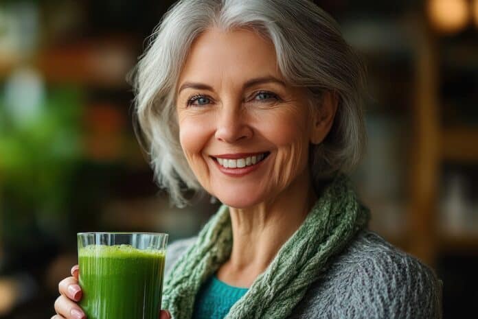 Smiling senior woman holding a glass of green smoothie in a cafe. DETOX