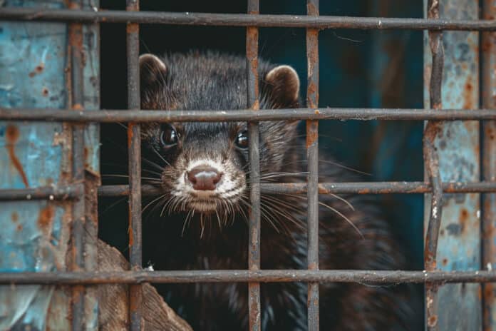 visoni Mink farm. Production of elite fur. Animal in a cage. A black mink in a cage looks through the bars. visoni