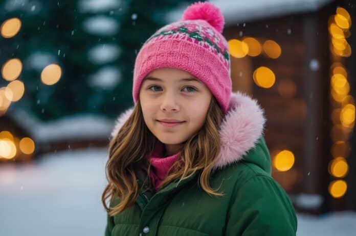 pfas Girl with green parka and pink beanie standing in front of a Christmas tree