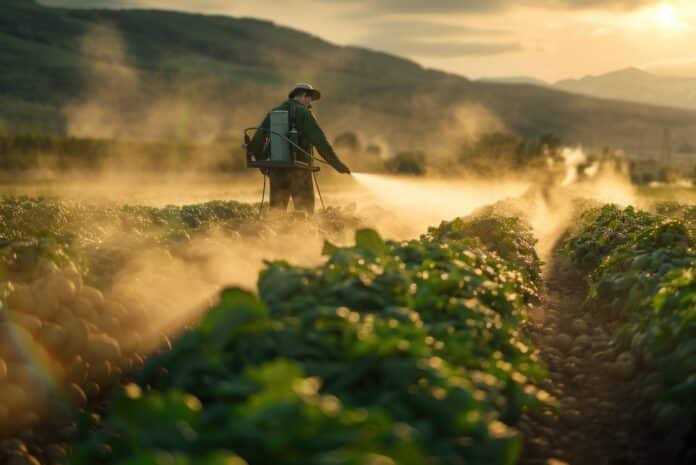Farmer Spraying Pesticides on Crops at Sunset in Rural Landscape FUNGICIDI PESTICIDI SLA