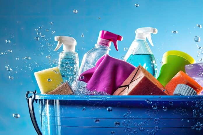 Cleaning product in bleu bucket wide banner. panorama photo. chemicals and facilities for tidying, copy space for text. SALVIETTE LAVAPAVIMENTI
