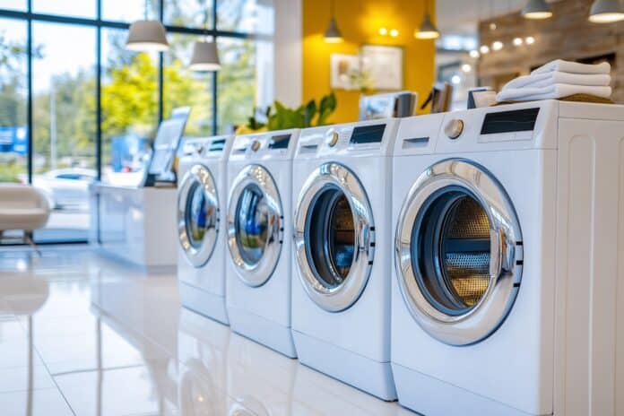 Row of modern washing machines in a brightly lit appliance showroom with large windows and contemporary decor, showcasing household technology and innovation. elettrodomestici