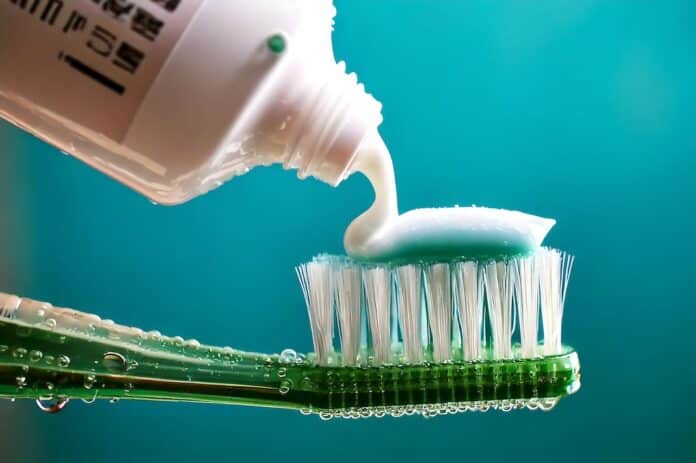 Close-up shot of toothpaste being squeezed onto a toothbrush against a vibrant teal backdrop. Perfect for dental hygiene, health, and oral care advertising. Clean, fresh, and visually appealing. dentifrici