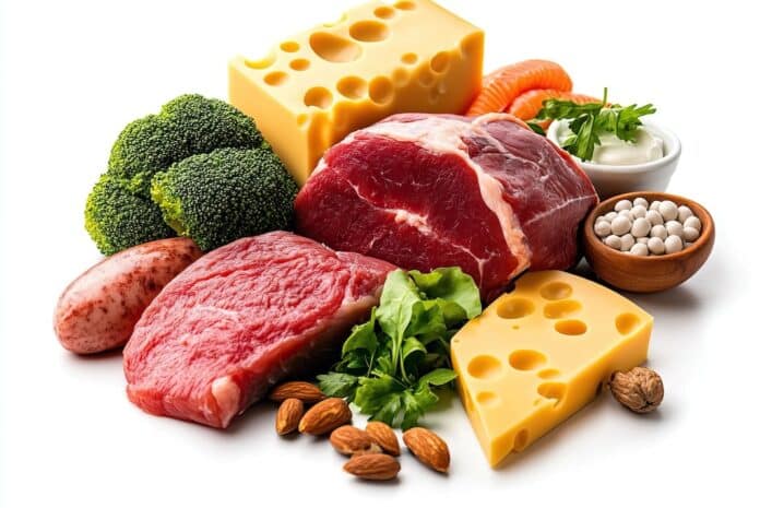 A vibrant arrangement of fresh meats, cheeses, vegetables, and nuts, showcasing a delightful spread of wholesome, nutritious ingredients. PESTICIDI CARNE