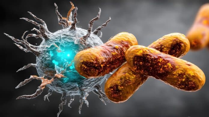 A white blood cell attacks rod-shaped bacteria in a microscopic, digitally rendered scene. ANTIBIOTICI ANTIBIOTICO-RESISTENZA