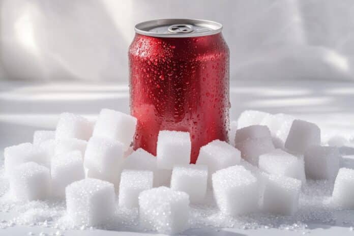 Red soda can surrounded by sugar cubes