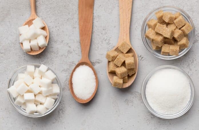 Collection of different kinds of sugar on gray background ZUCCHERI