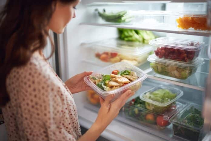 Woman selecting eco-friendly containers of delicious leftovers from a fully stocked fridge MEAL PREP