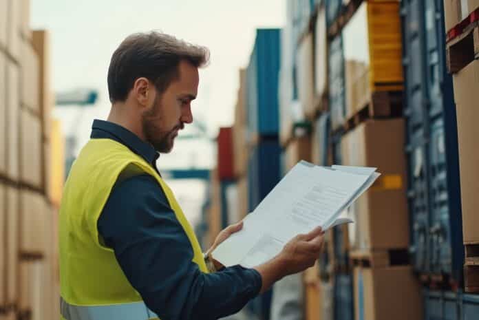 A customs agent examining imported goods and checking import duty documents CONTROLLI FRONTIERE ALIMENTI