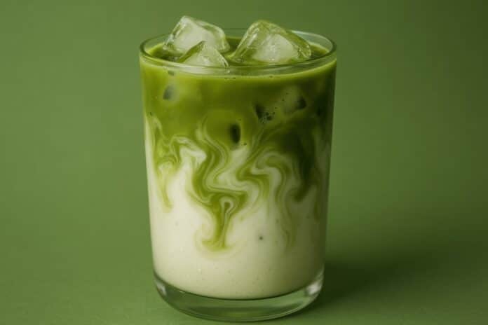 Refreshing iced matcha latte with swirling green tea and milk MATCHA