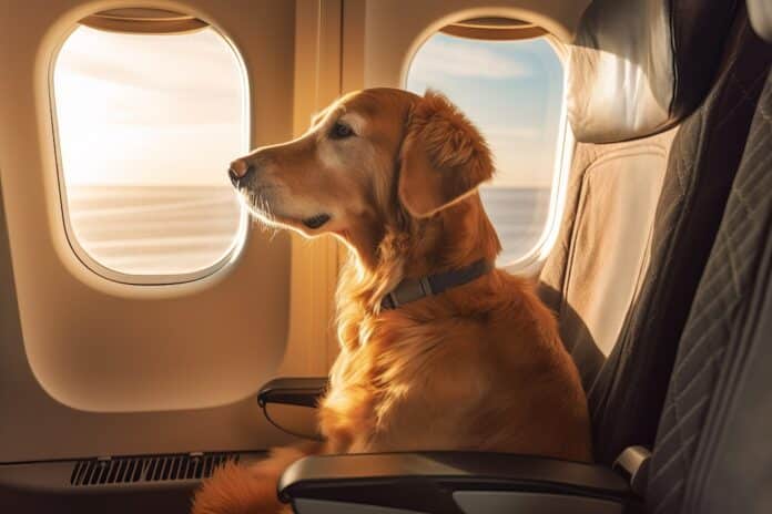 AEREI CANI Dog plane passenger sunset. Generate Ai AEREI CANI ANIMALI DOMESTICI IN CABINA