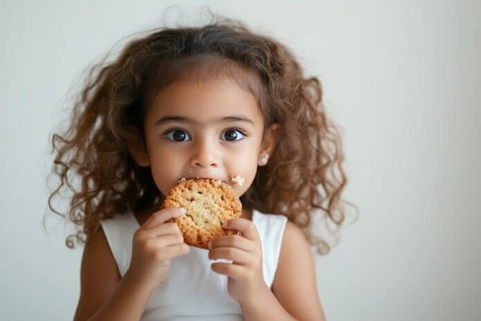 a cute girl eating a cookie.
