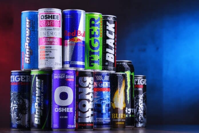 Cans of assorted global energy drink products ENERGY DRINK