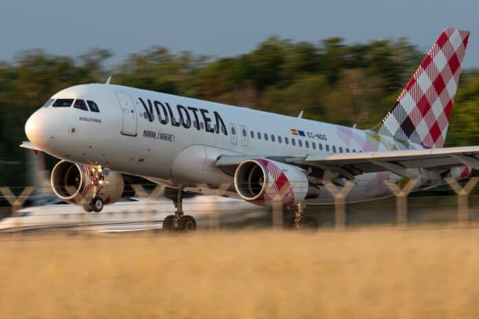 Hannover, Germany – 30. June 2023: Volotea Airbus A319 take off at Hannover airport (HAJ) in Germany. Panning shot volotea
