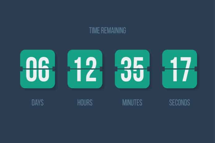 Flip countdown clock counter timer. Vector time remaining count down flip board with scoreboard of day, hour, minutes and seconds for web page upcoming event template design, under constuction page.