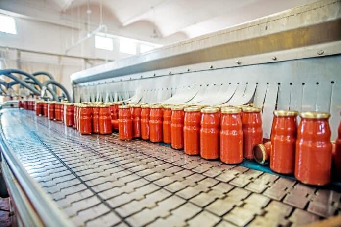 The working process of production of tomatoes to canned food and vegetable factory. Workers on the production of canned food. Processing tomato. Sicily Italy. PASSATA DI POMODORO LOTTO
