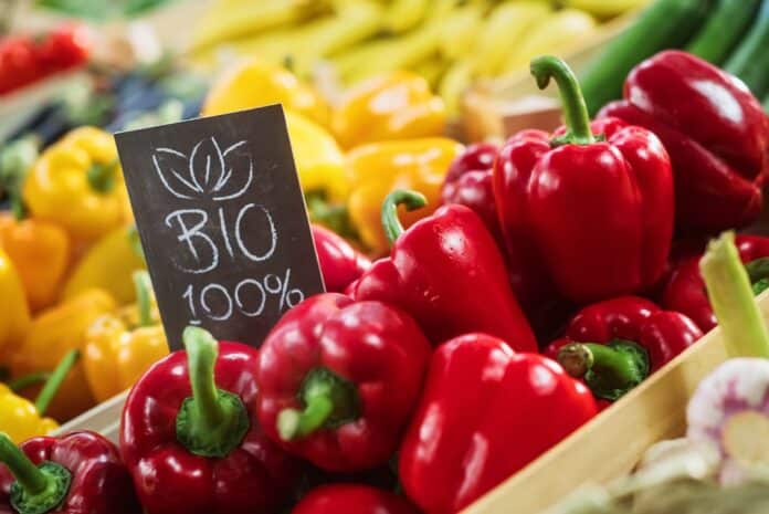100% Bio Sign on a Food Stall with Fresh Red and Yellow Organic Sweet Bell Peppers from a Local Farm. Outdoors Farmers Market with Organic Fruits and Vegetables Without GMO Additives