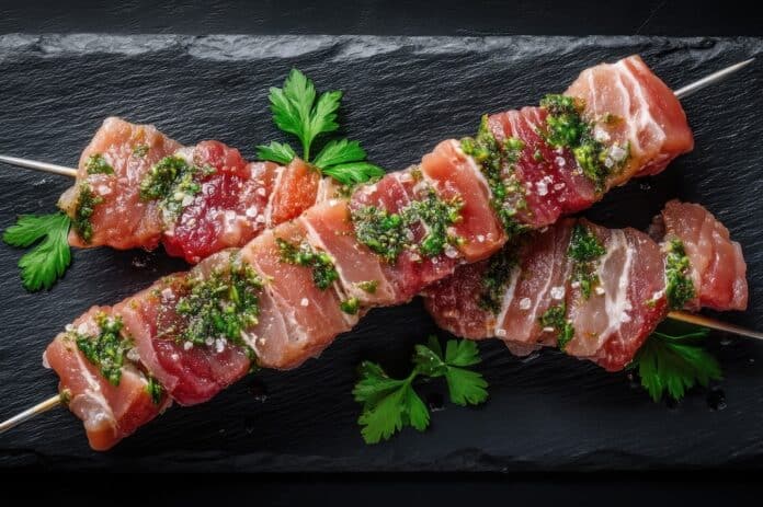 Delicious raw salmon tuna skewers with chimichurri garnish on slate board carne marinata
