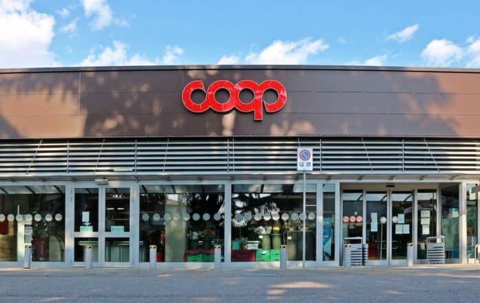 Udine, Italy. June 13, 2021. Coop store open in the city. It is the largest italian supermarket chain, part of a system of Italian consumer cooperatives COOP