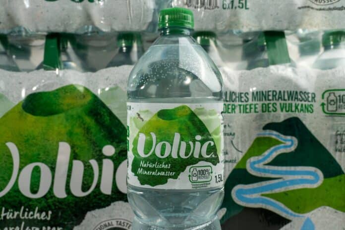 Berlin, Germany, August 01, 2023. Volvic mineral water on a white background. Mineral water packaging.