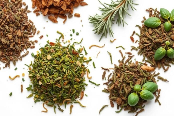 Verschiedene getrocknete Kräuter wie Basilikum, Thymian und Oregano in kleinen Haufen auf weißem Hintergrund – perfekt für Food-, Natur- oder Heilpflanzen-Designs. SPEZIE